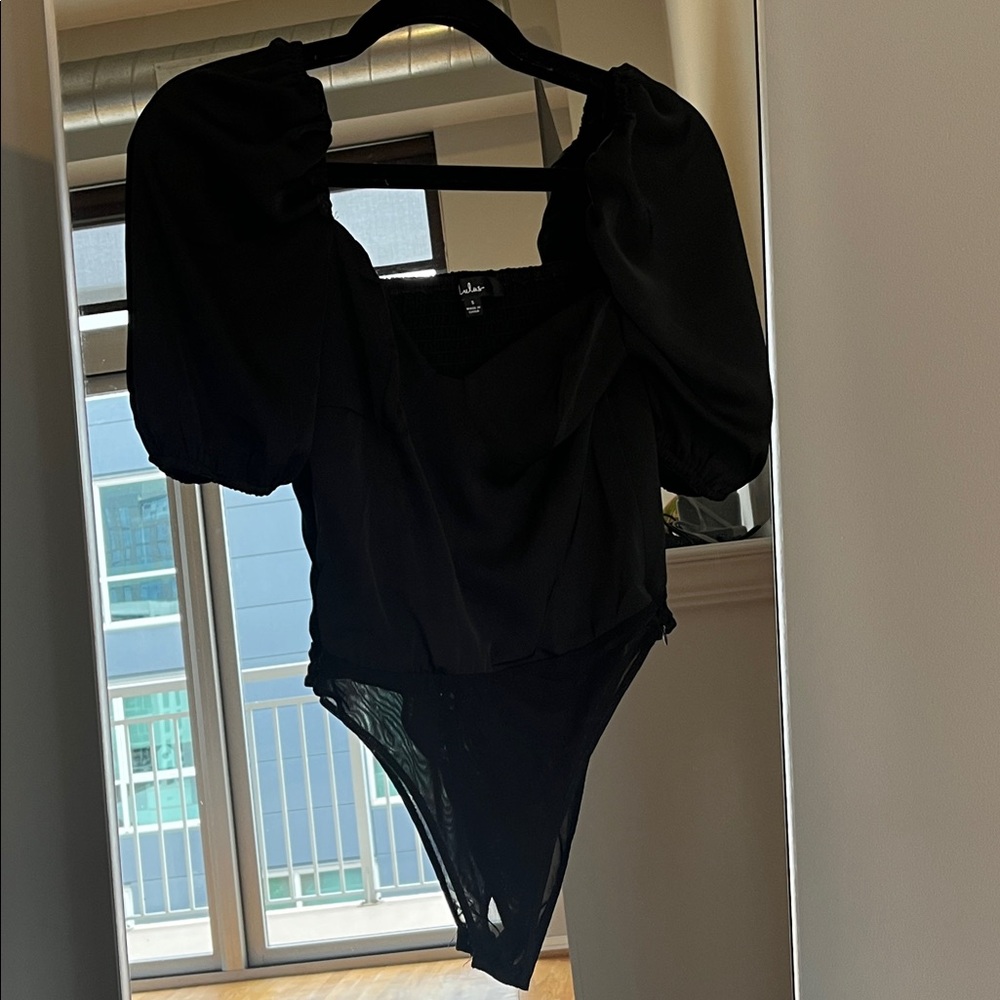 Lulu's Elegant Black Puff Sleeve Bodysuit